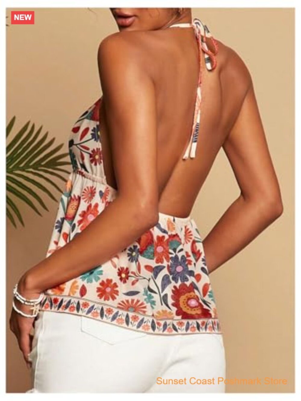 Tropical Halter Tank Top Tie Backless Boho Camisole Crop Top - Picture 3 of 6